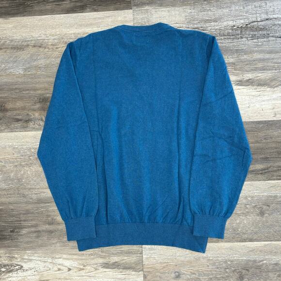 LL Bean Sweater Blue Men L V-Neck Cotton Cashmere Blend Plain Knit Pullover - Picture 3 of 9